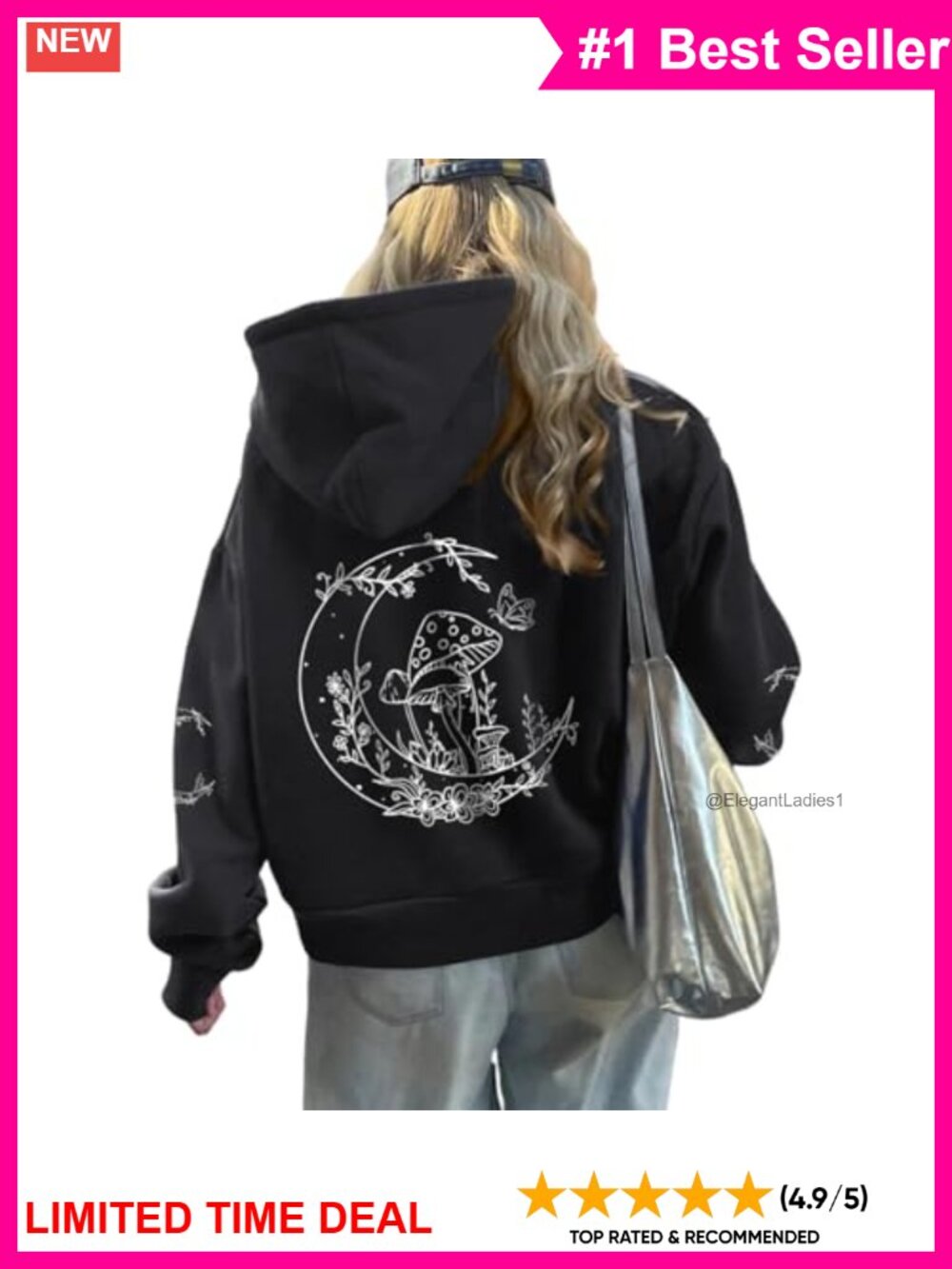 Oversized Cotton Blend Graphic Hoodie Mushroom Moon Print Pullover